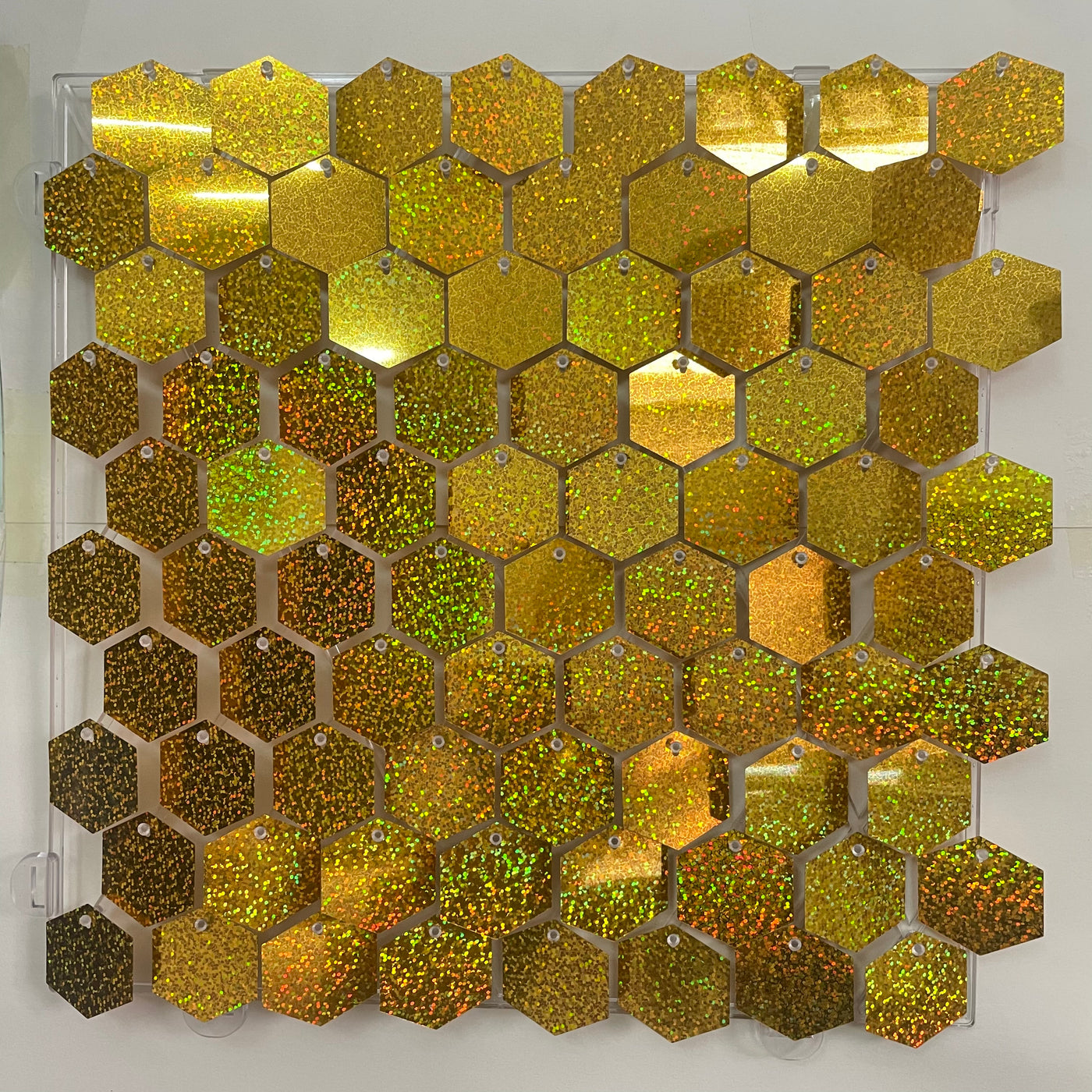 Hexagon Shimmer Wall Panels / Clip Hole Backing & Square Sequins -Laser Gold