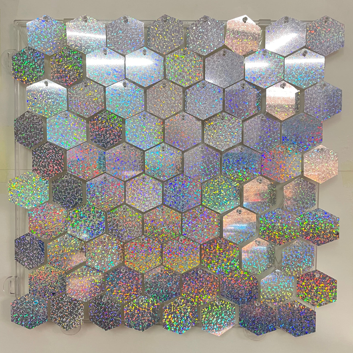 Hexagon Shimmer Wall Panels / Clip Hole Backing & Square Sequins -Laser Silver
