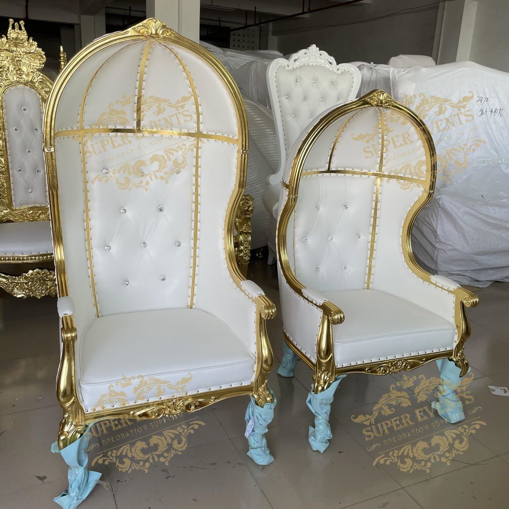 Royal Bride and Groom Throne Chair With Dome- Tan & Gold