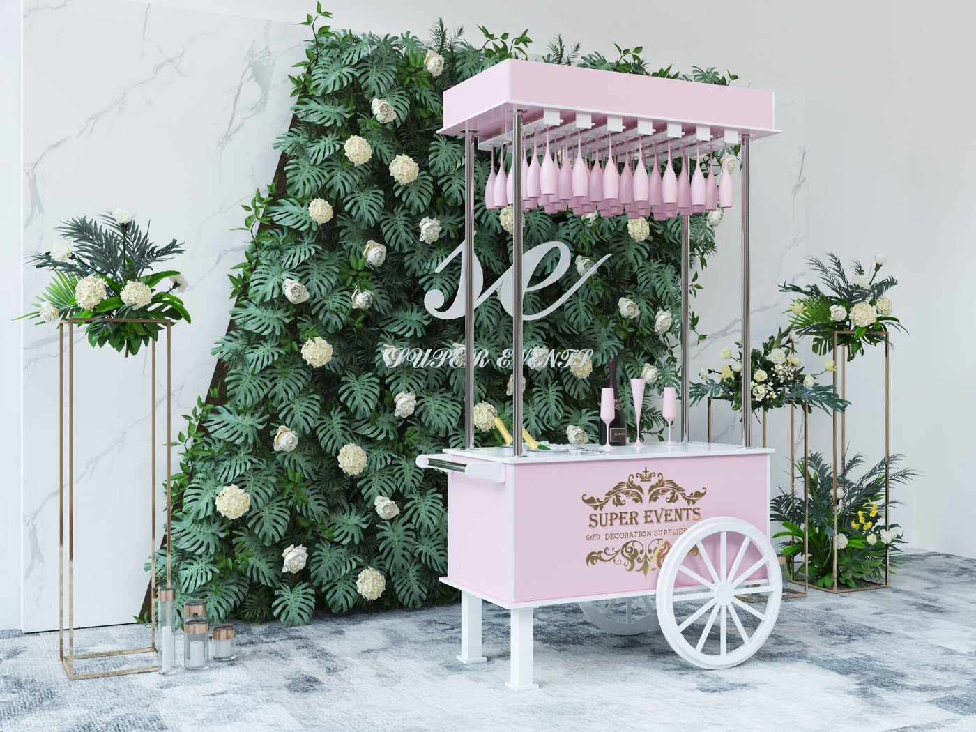 PVC Champagne Cart with Wheels - White/Pink
