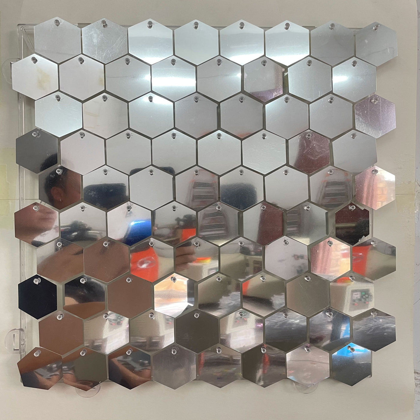 Hexagon Shimmer Wall Panels / Clip Hole Backing & Square Sequins -Silver