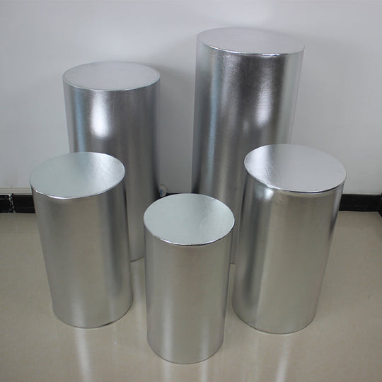 Silver Metallic Shiny Cylinder Plinth Stand Cover Set - 5 Pieces
