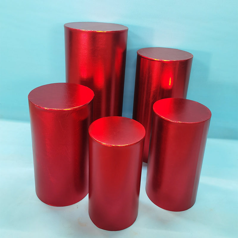 Red Metallic Shiny Cylinder Plinth Stand Cover Set - 5 Pieces