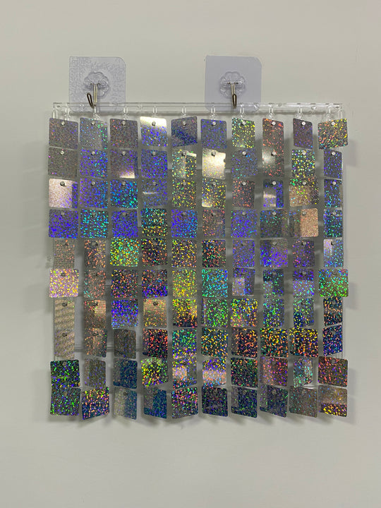 Easy Connect Shimmer Wall Panels / Transparent Grid Backing &amp; Square Sequins - Laser Silver