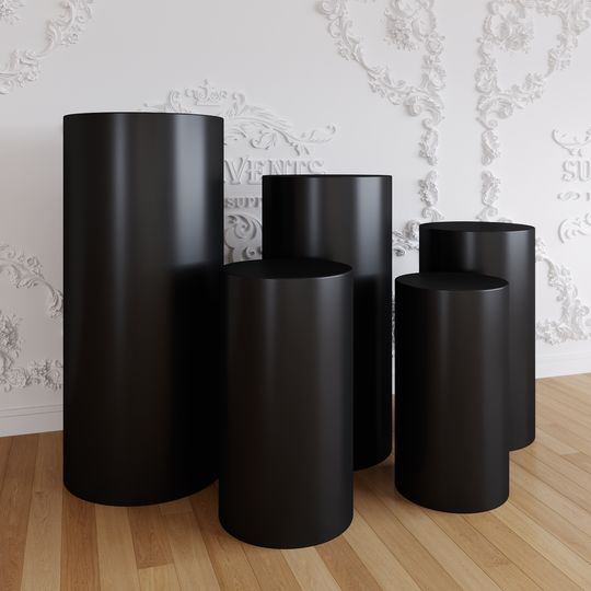 Black Metallic Shiny Cylinder Plinth Stand Cover Set - 5 Pieces