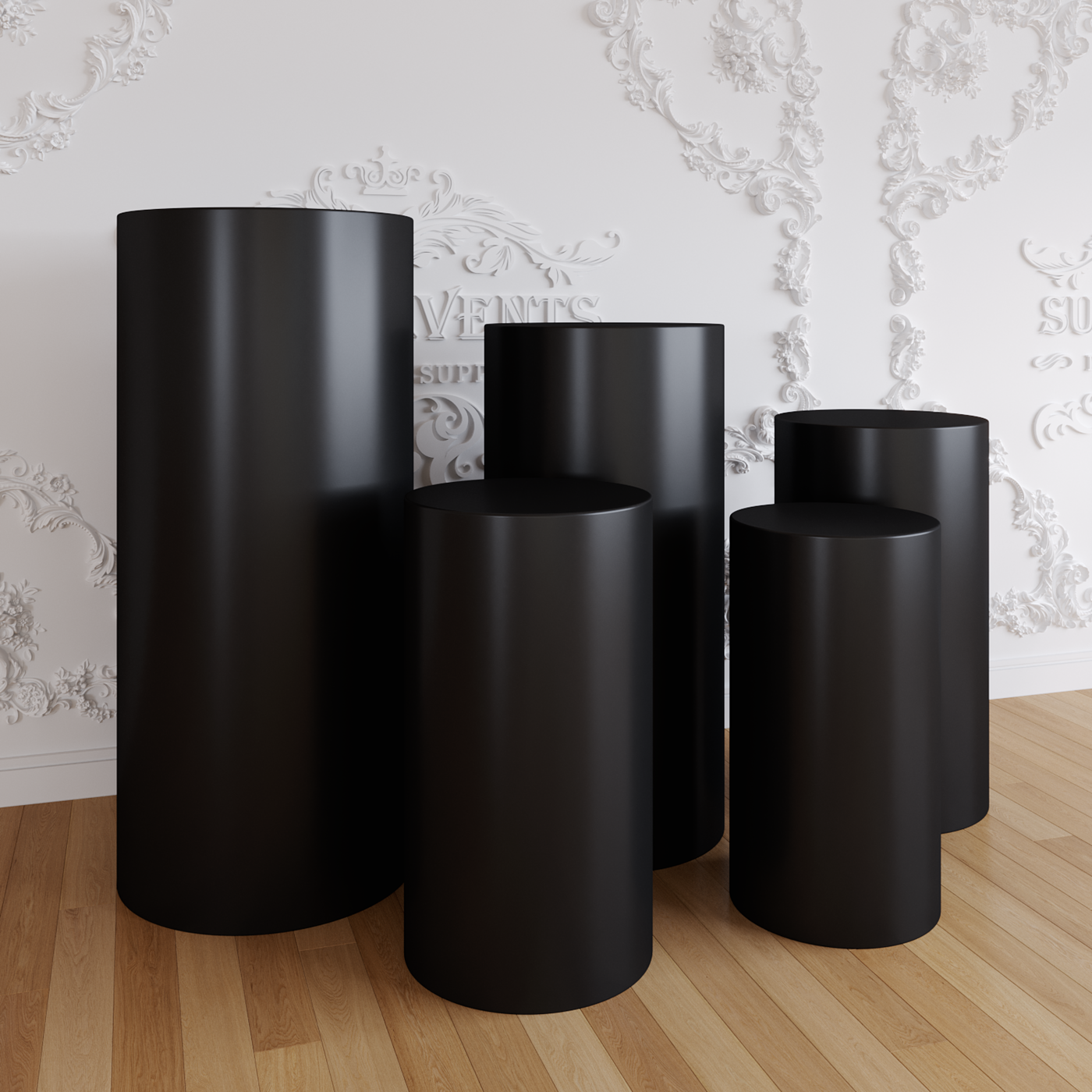 Black Metallic Shiny Cylinder Plinth Stand Cover Set - 5 Pieces