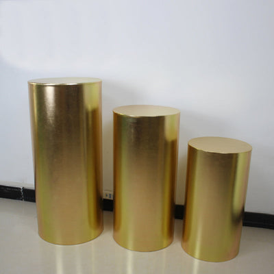 Gold Metallic Shiny Cylinder Plinth Stand Cover Set - 3 Pieces