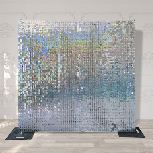 Easy Connect Shimmer Wall Panels / Transparent Grid Backing &amp; Square Sequins - Laser Silver