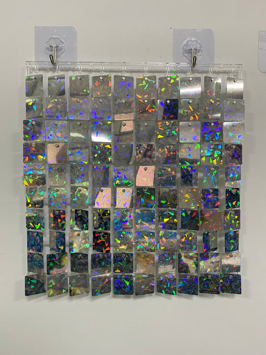 Easy Connect Shimmer Wall Panels / Transparent Grid Backing &amp; Square Sequins - Laser Silver