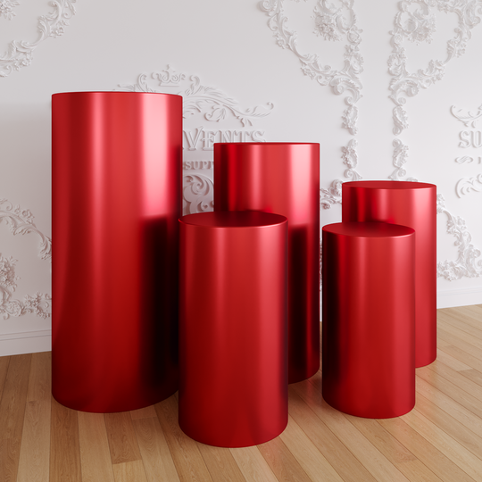 Red Metallic Shiny Cylinder Plinth Stand Cover Set - 5 Pieces