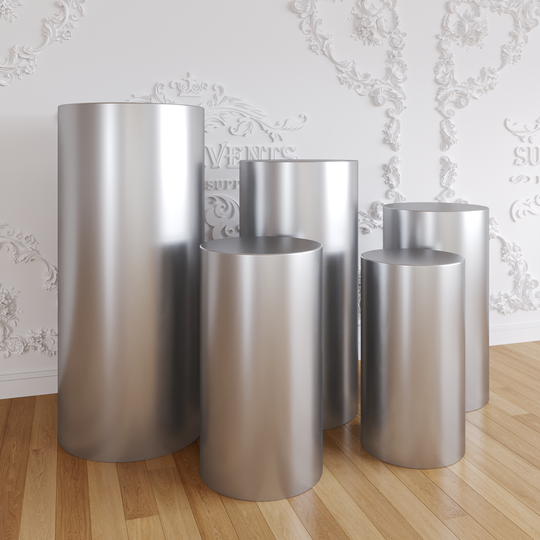 Silver Metallic Shiny Cylinder Plinth Stand Cover Set - 5 Pieces