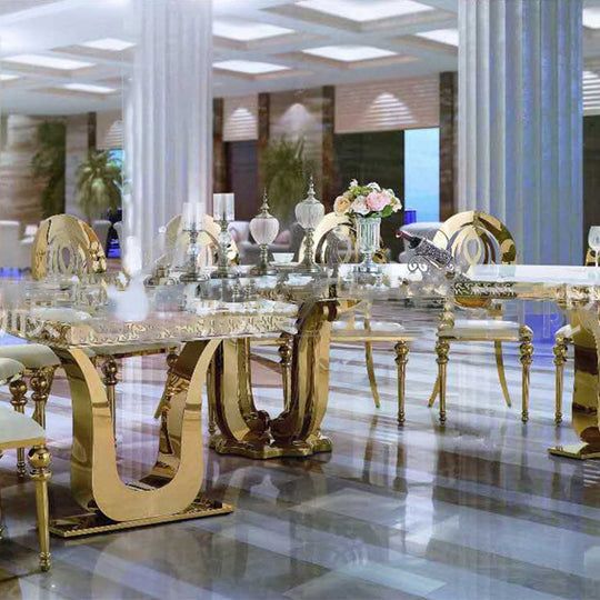 Gold Stainless Steel Half Round Dining Table - White
