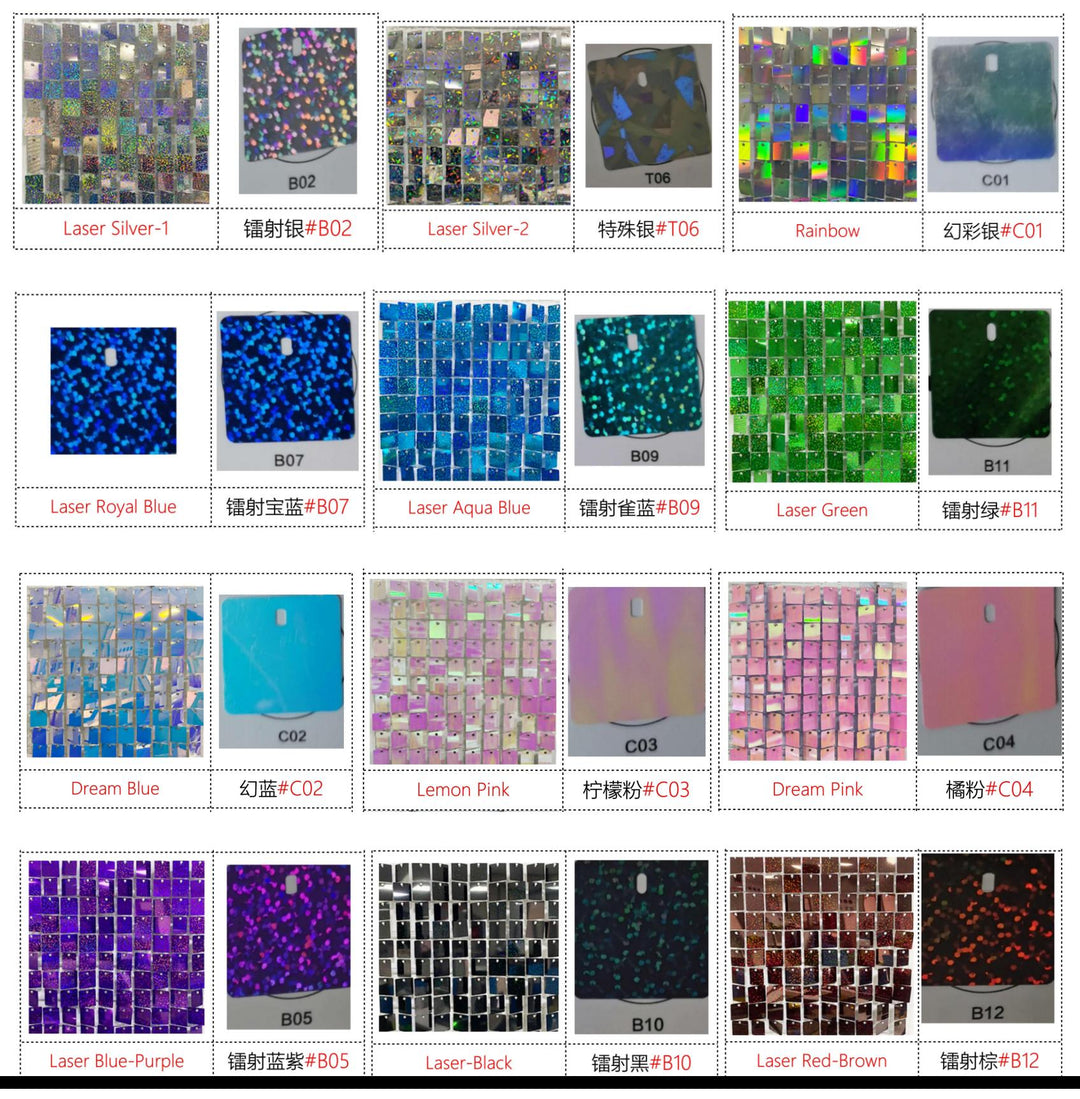 Shimmer Wall Panels / Clip Hole Backing &amp; Square Sequins - Laser Silver