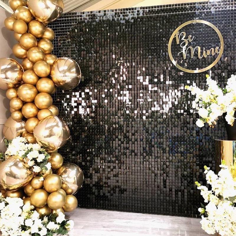 Easy Connect Shimmer Wall Panels / Transparent Grid Backing &amp; Square Sequins - Laser Black